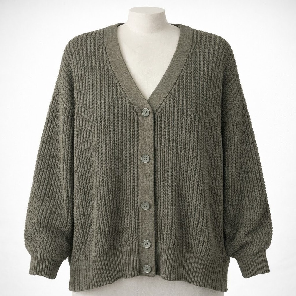100% Cotton Chunky Waffle Knit Button Cardigan Size L Green Preppy Grunge